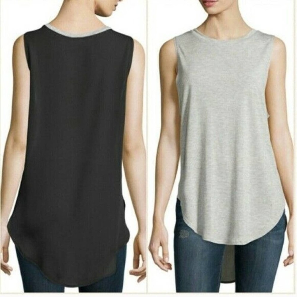 Haute Hippie Black & Gray Crewneck High-Low Sheer Back Tank Top Size Small